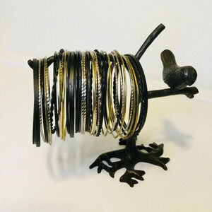 Vtg Womens Gold Silver & Black Textured & Solid Stackable Bangle Bracelet Set OS
